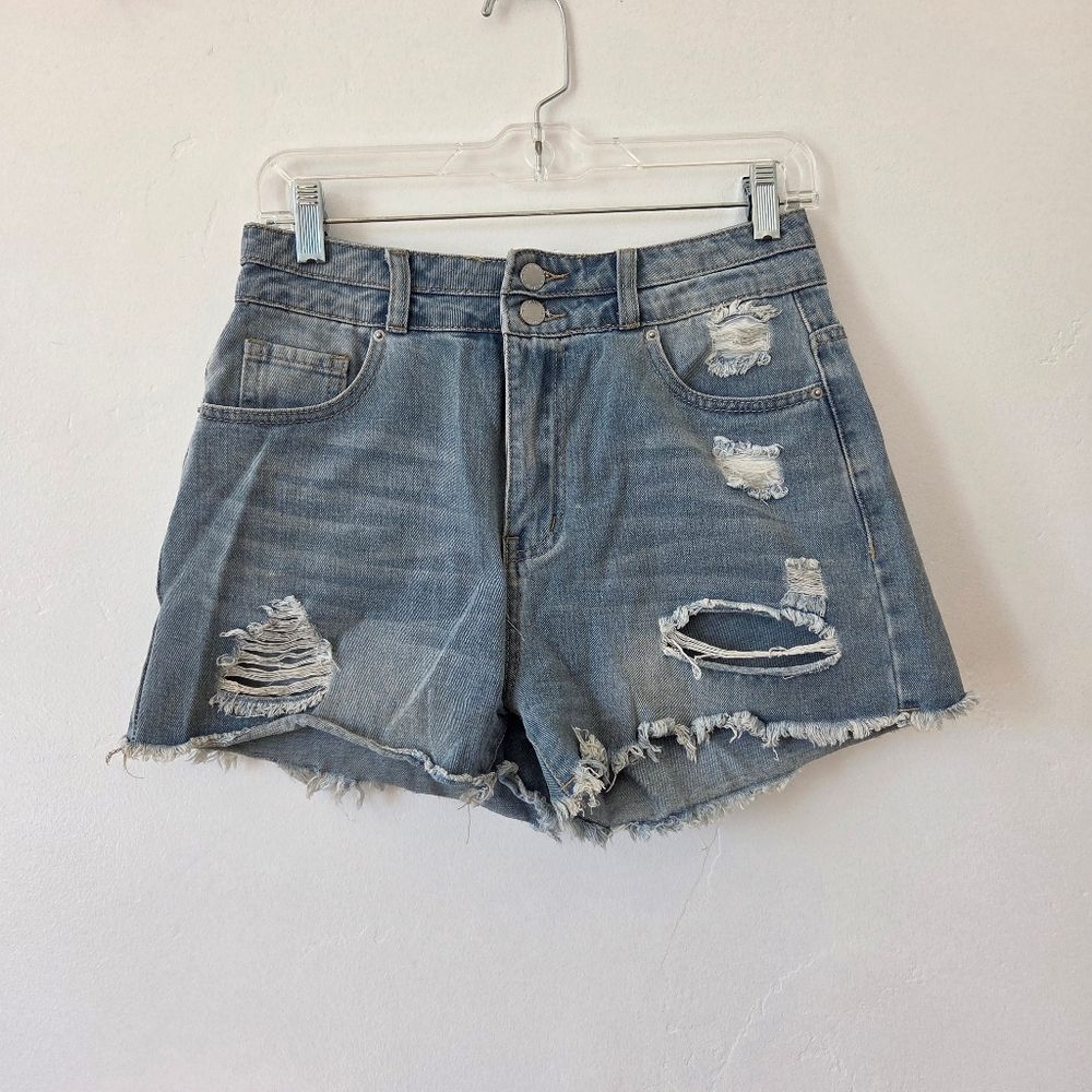 Distressed Denim Booty Short Shorts Daisy Duke Ripped High Waist Medium Wash 28"